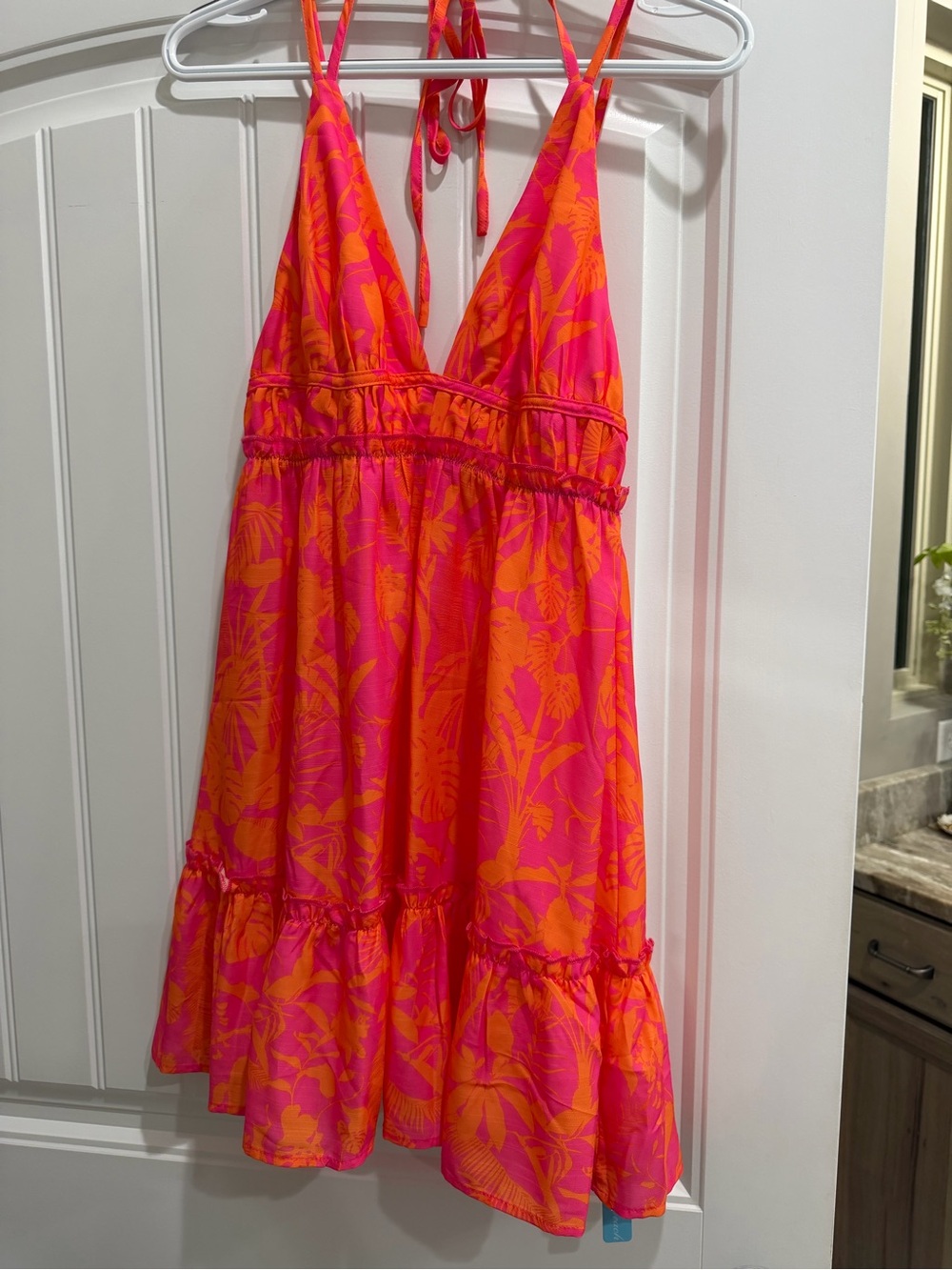 Bright Pink & Orange Tropical Halter Sundress